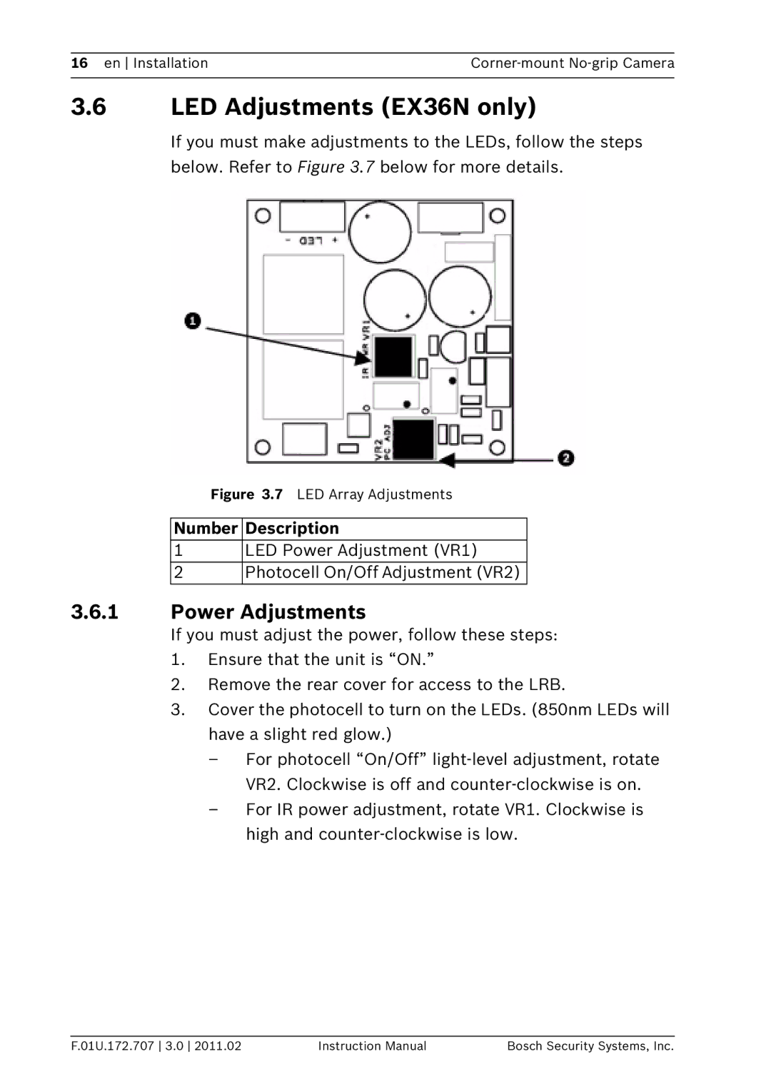 Bosch Appliances instruction manual LED Adjustments EX36N only, Power Adjustments 