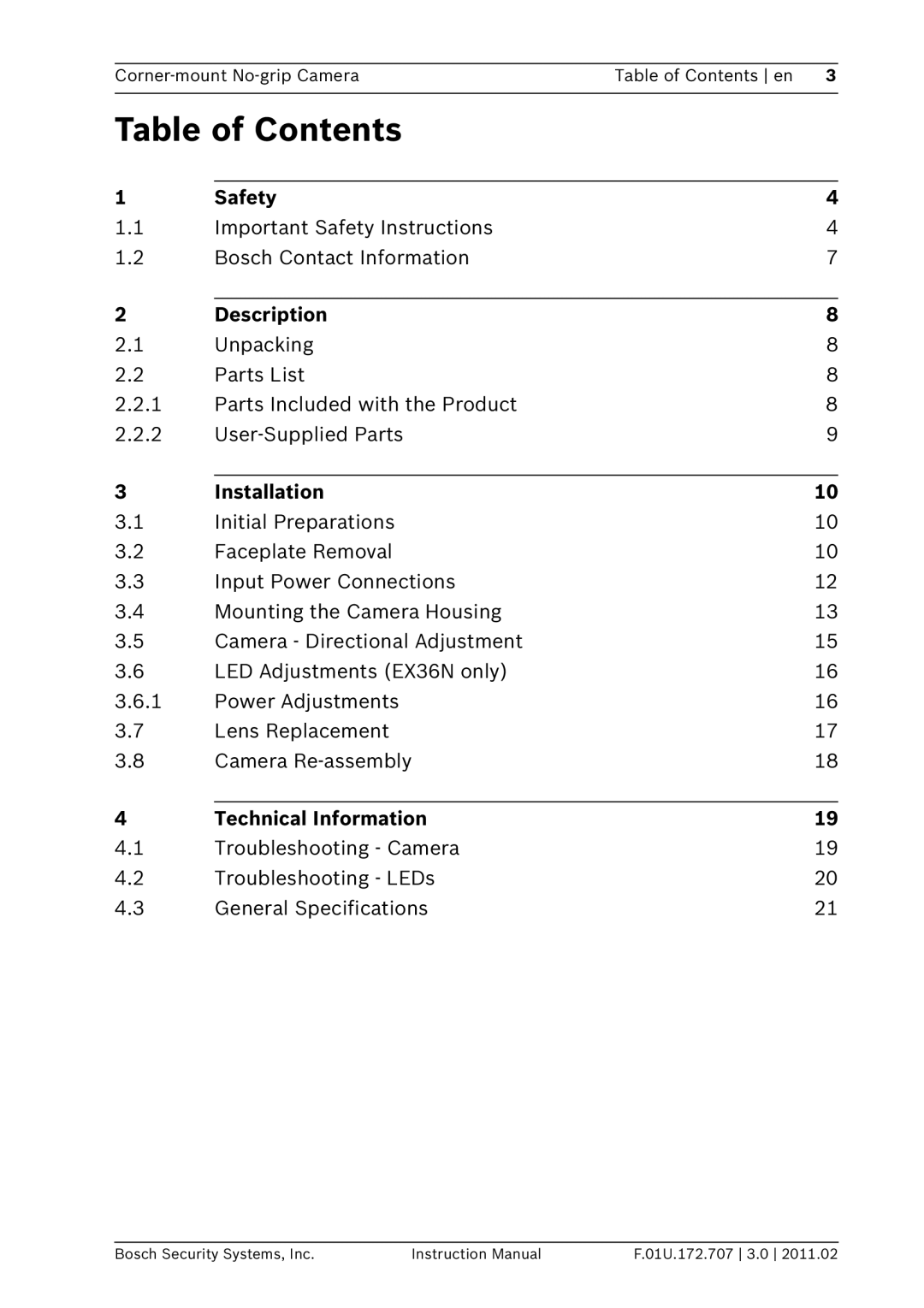 Bosch Appliances EX36N instruction manual Table of Contents 