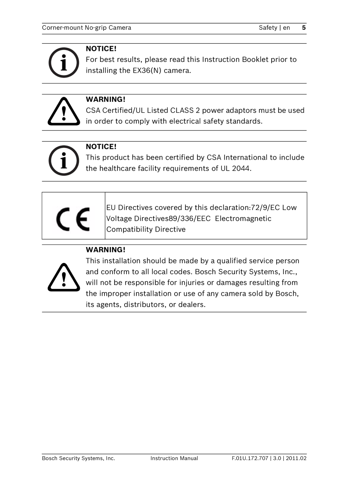 Bosch Appliances EX36N instruction manual Corner-mount No-grip Camera Safety en 