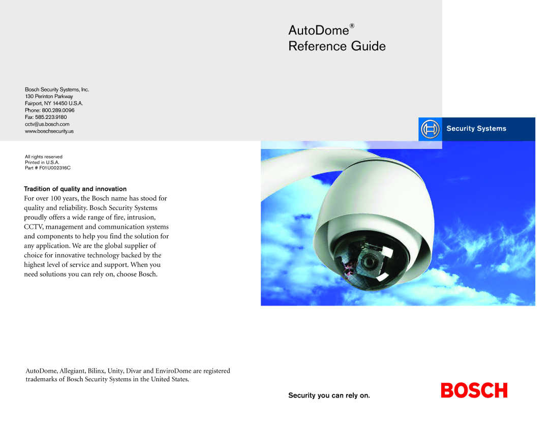 Bosch Appliances F01U002316C manual AutoDome Reference Guide, Tradition of quality and innovation 