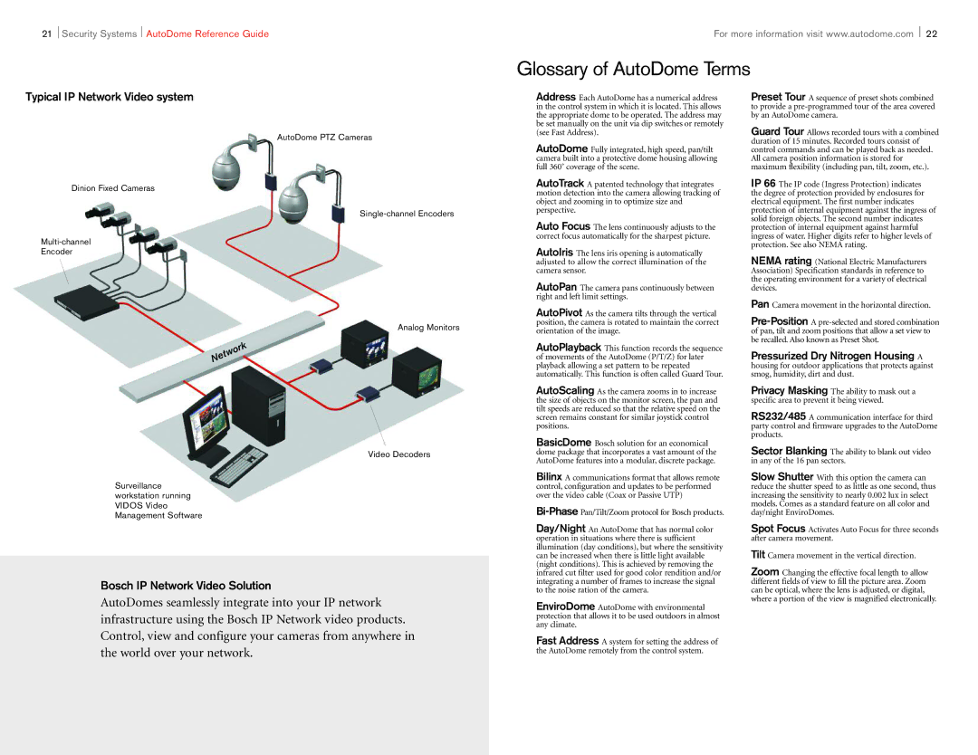 Bosch Appliances F01U002316C Glossary of AutoDome Terms, Typical IP Network Video system, Bosch IP Network Video Solution 