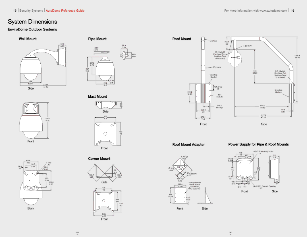 Bosch Appliances F01U002316C System Dimensions, EnviroDome Outdoor Systems Wall Mount Pipe Mount Roof Mount, Mast Mount 