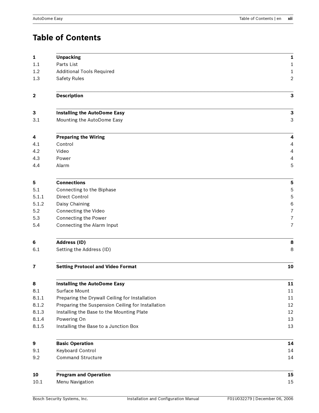 Bosch Appliances F01U032279 installation and configuration manual Table of Contents 