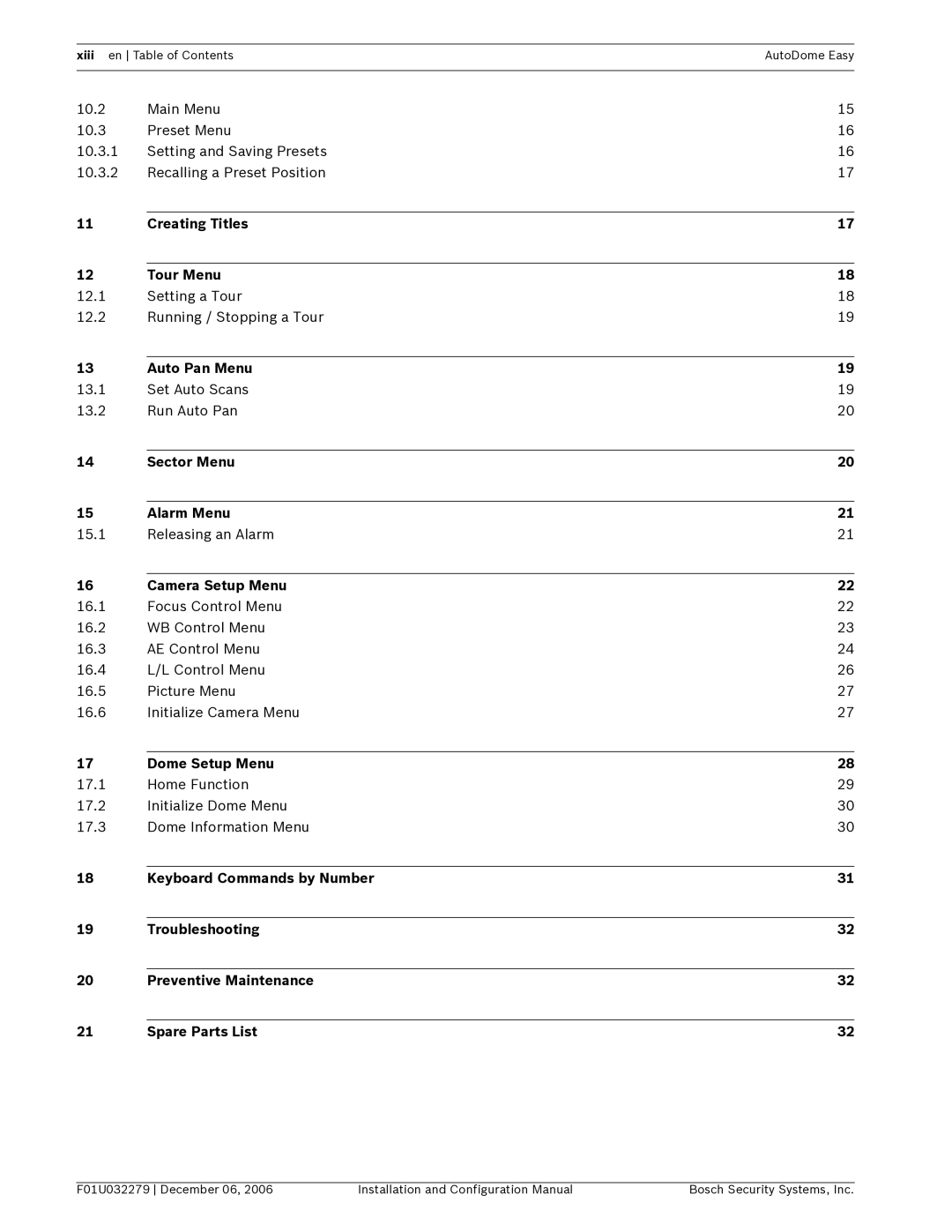 Bosch Appliances F01U032279 Creating Titles Tour Menu, Auto Pan Menu, Sector Menu Alarm Menu, Camera Setup Menu 