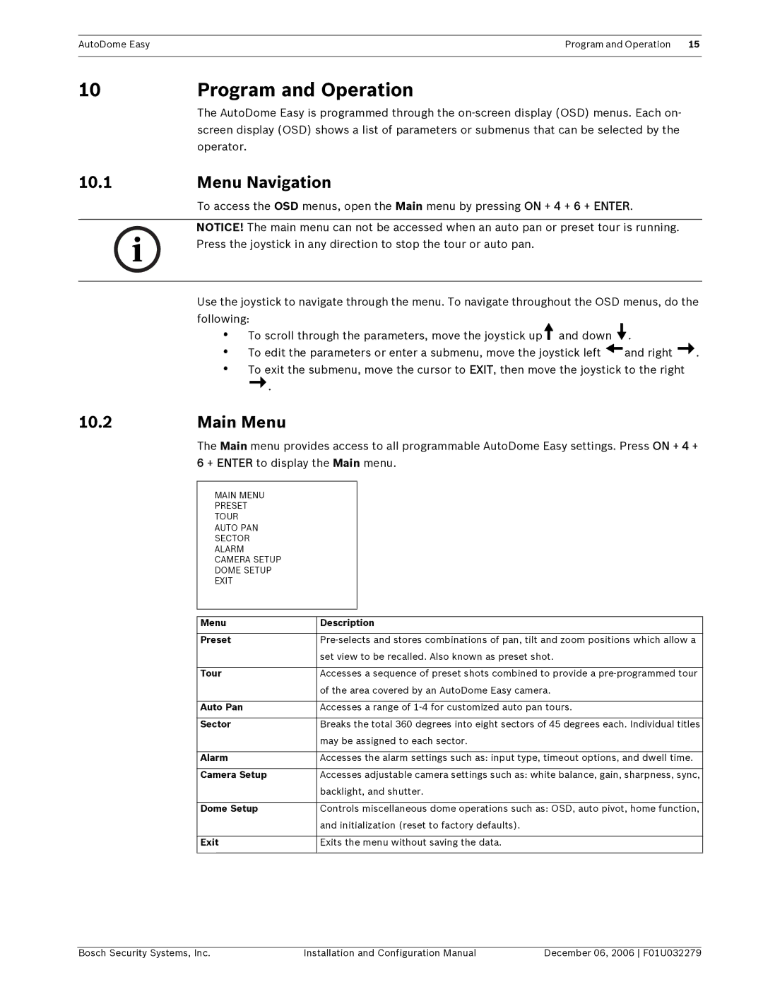 Bosch Appliances F01U032279 installation and configuration manual Program and Operation, Menu Navigation, Main Menu 