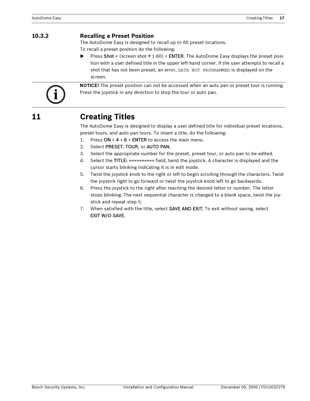 Bosch Appliances F01U032279 Creating Titles, Recalling a Preset Position, Select PRESET, TOUR, or Auto PAN 