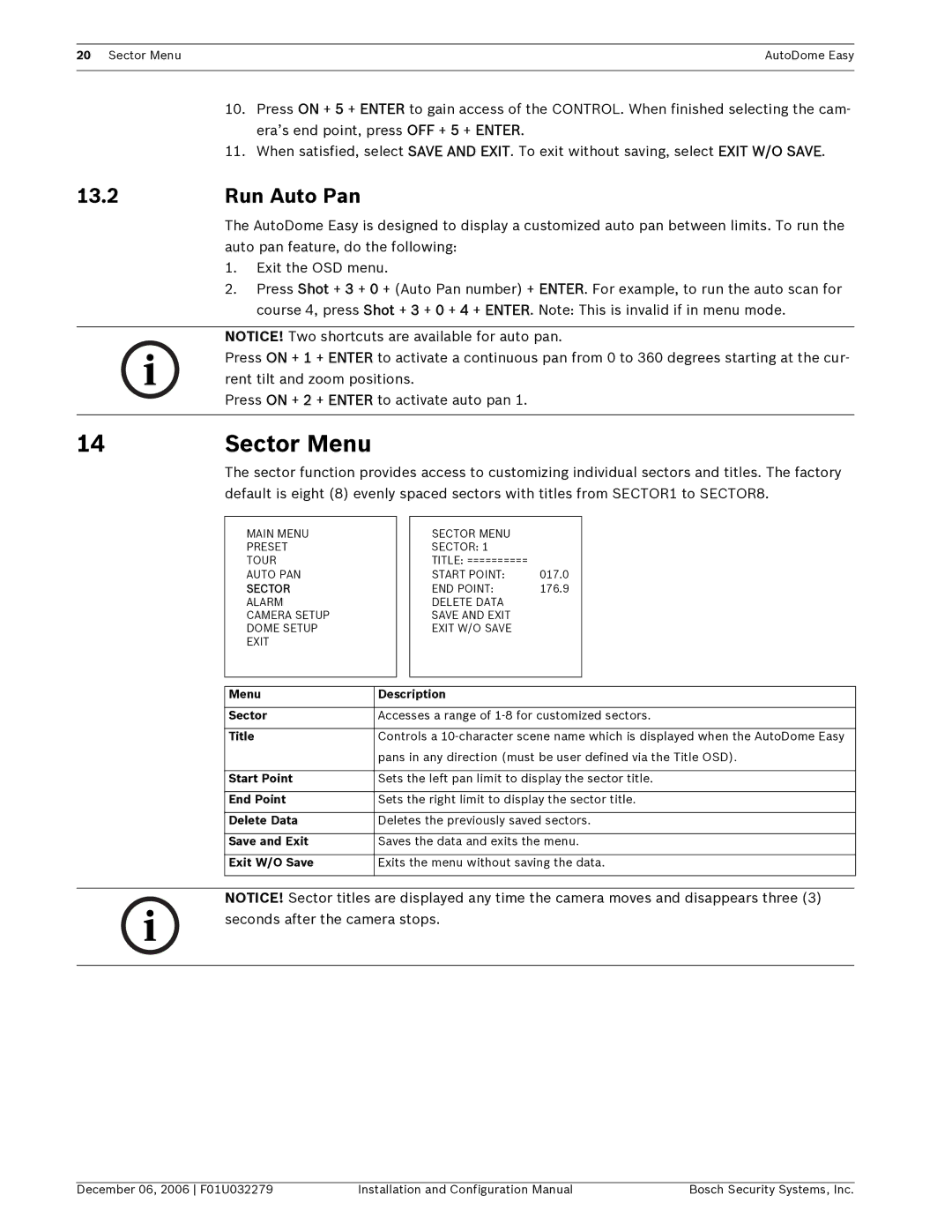 Bosch Appliances F01U032279 Sector Menu, Run Auto Pan, Seconds after the camera stops, Menu Description Sector 