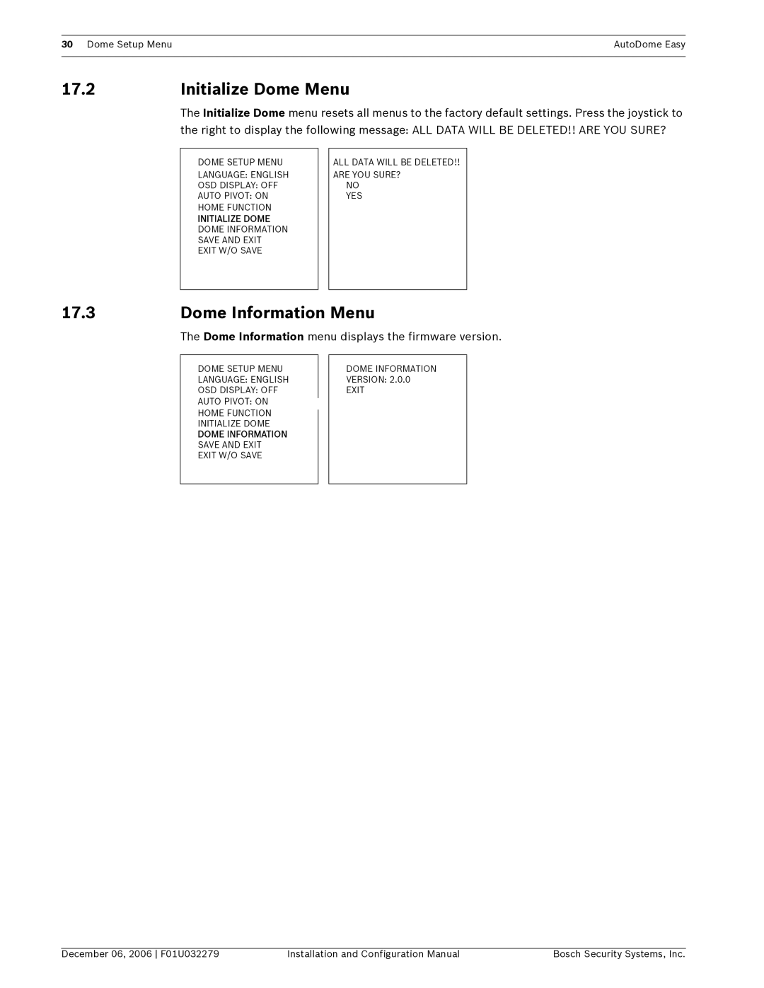 Bosch Appliances F01U032279 Initialize Dome Menu, Dome Information Menu, Dome Information Save and Exit Exit W/O Save 