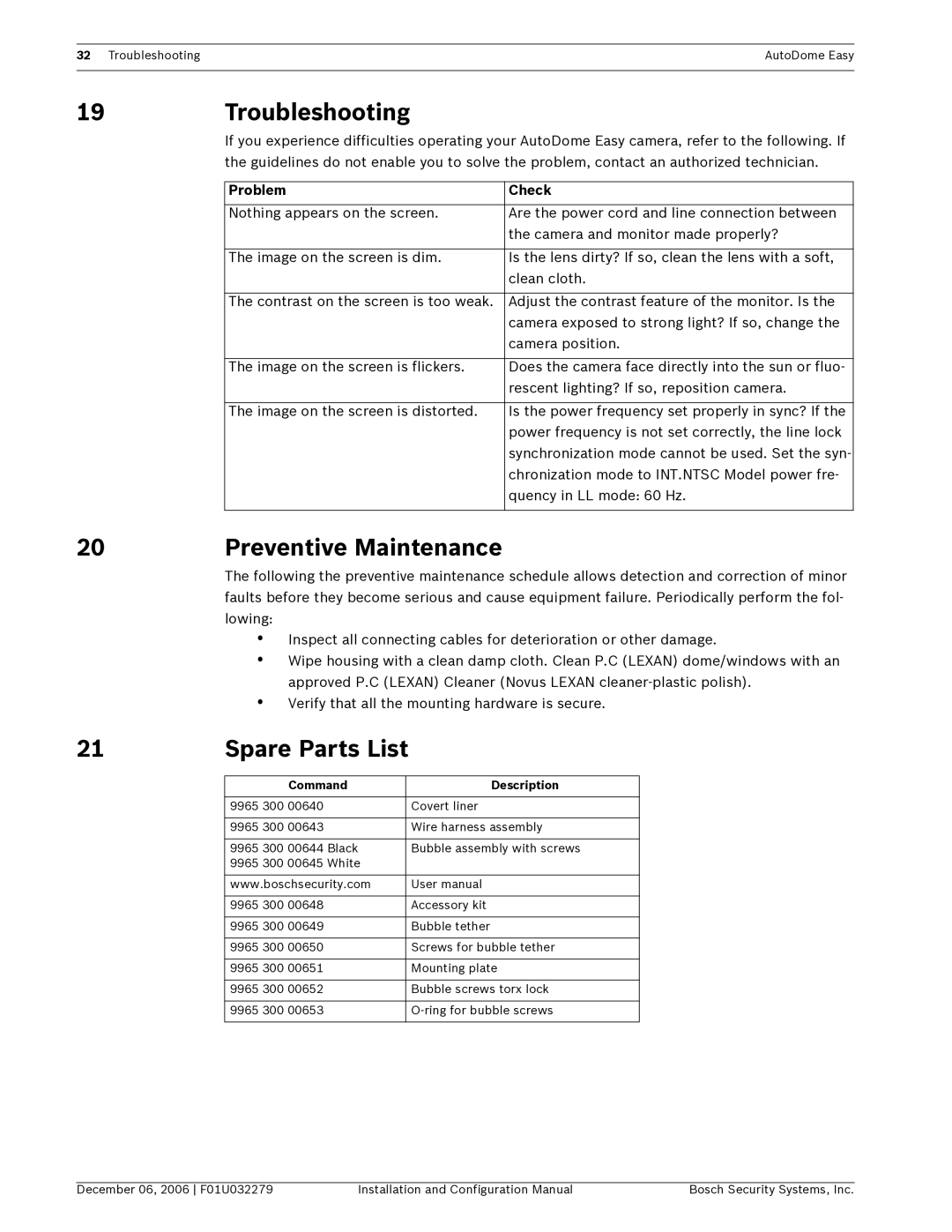 Bosch Appliances F01U032279 Troubleshooting, Preventive Maintenance, Spare Parts List, Problem Check, Command Description 