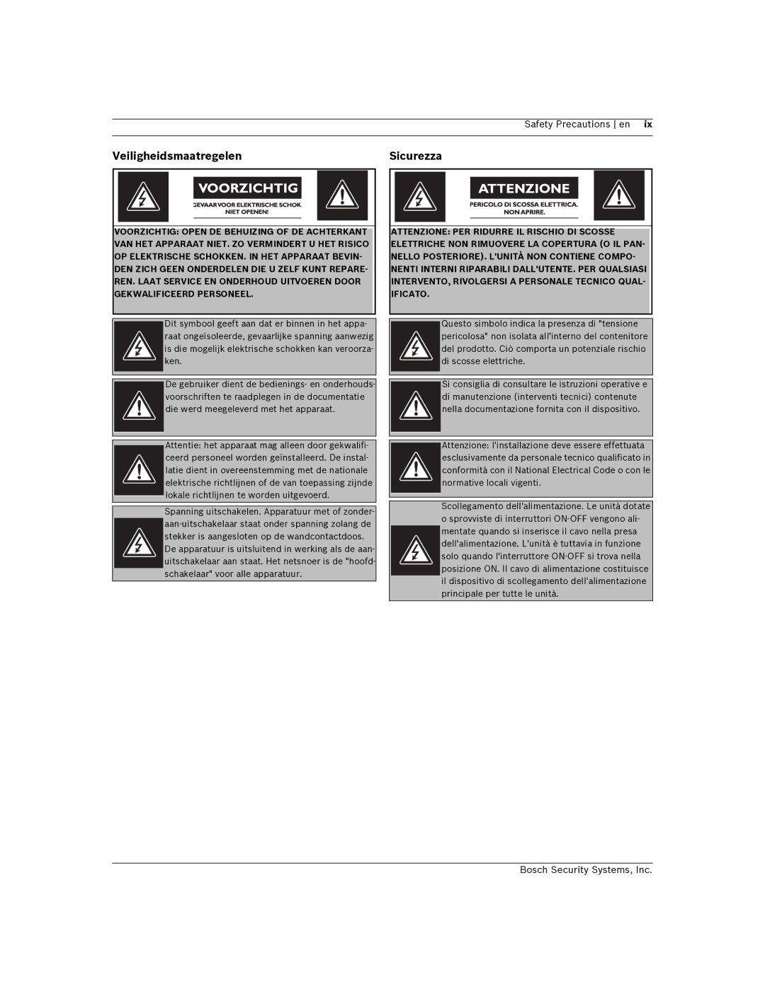 Bosch Appliances F01U032279 installation and configuration manual VeiligheidsmaatregelenSicurezza 