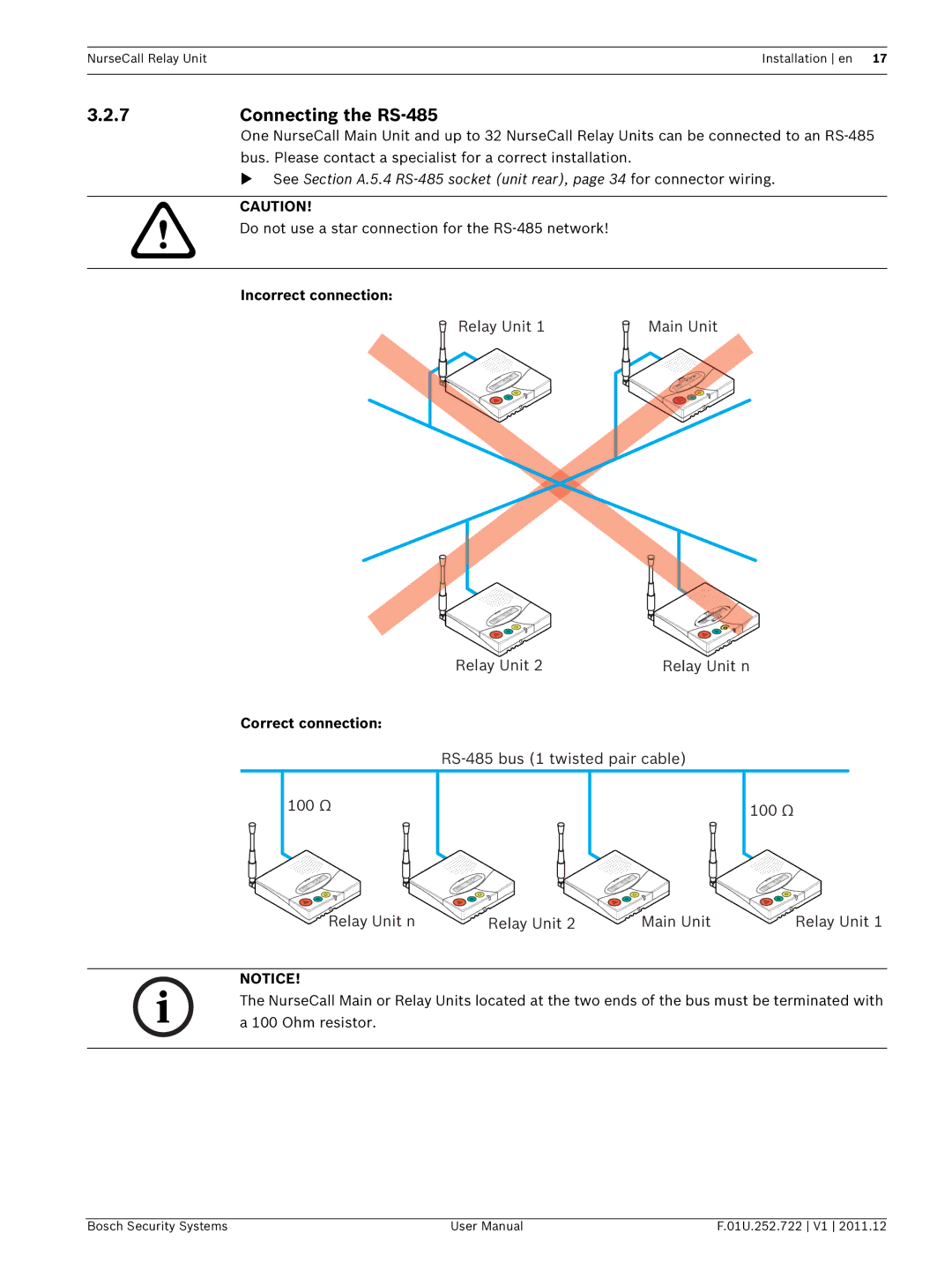 Bosch Appliances F.01U.252.722 user manual 7Connecting the RS-485, Incorrect connection, Correct connection 