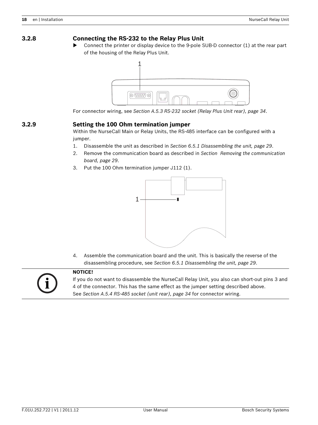 Bosch Appliances F.01U.252.722 8Connecting the RS-232 to the Relay Plus Unit, Setting the 100 Ohm termination jumper 