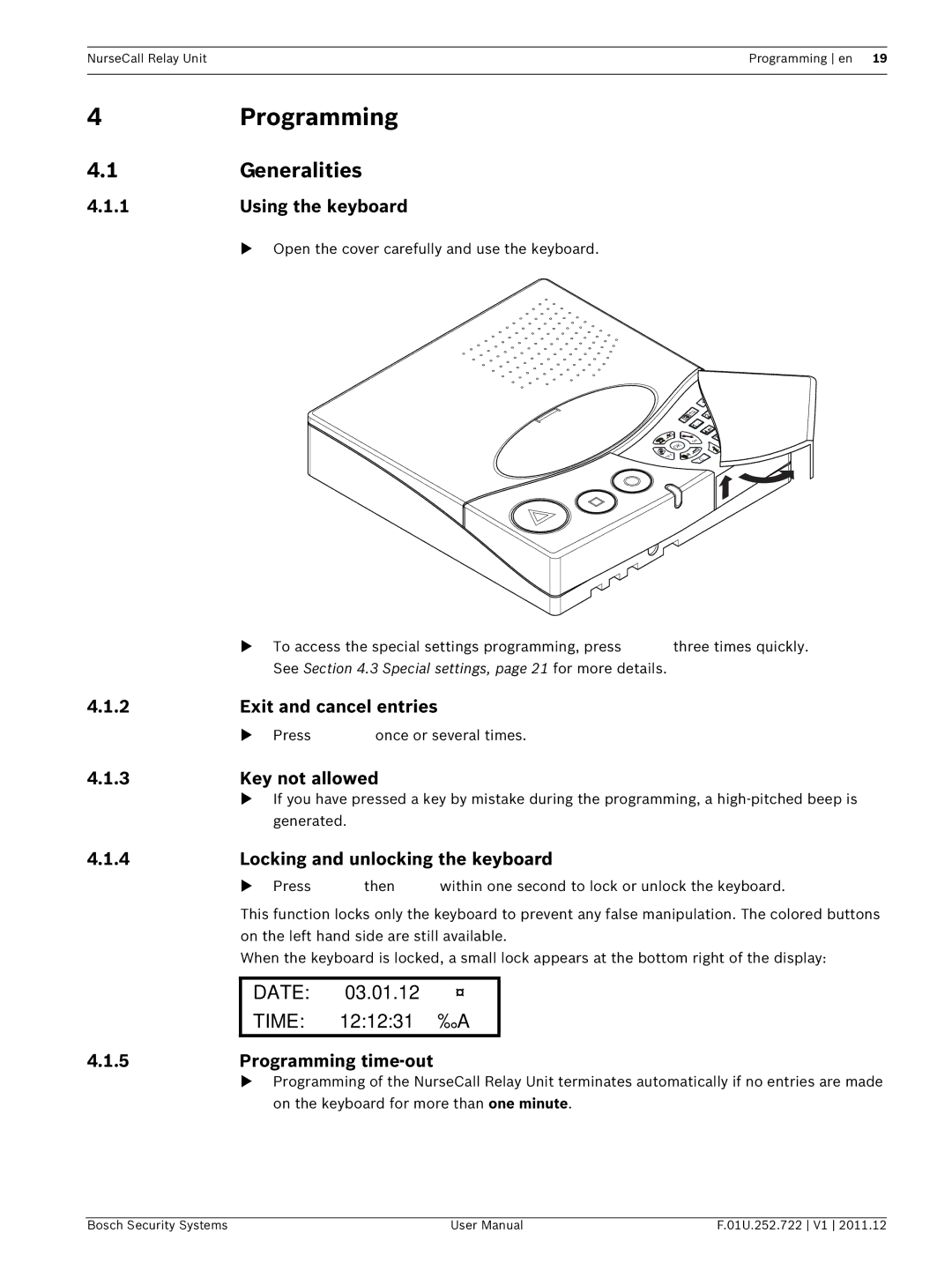 Bosch Appliances F.01U.252.722 user manual Programming, Generalities, Date, Time 