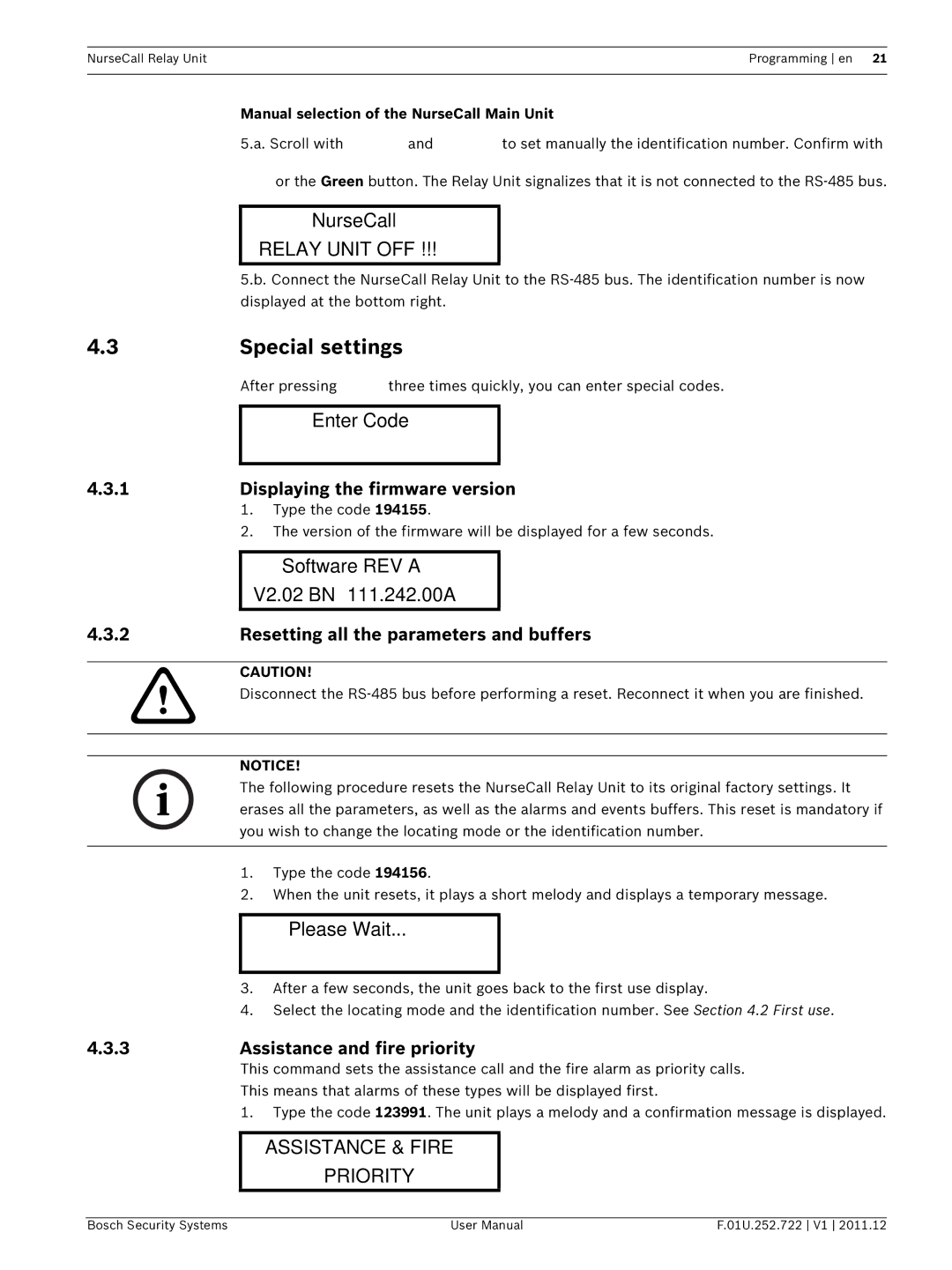 Bosch Appliances F.01U.252.722 user manual Special settings, Relay Unit OFF, Assistance & Fire Priority 