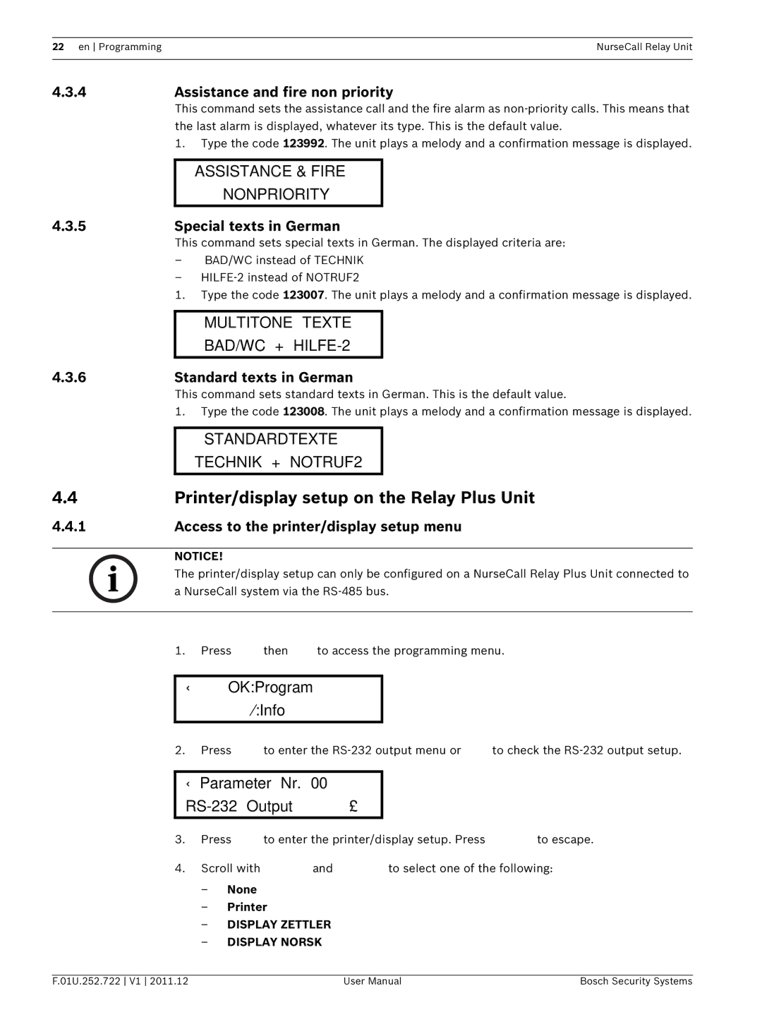 Bosch Appliances F.01U.252.722 user manual Printer/display setup on the Relay Plus Unit, Assistance & Fire Nonpriority 