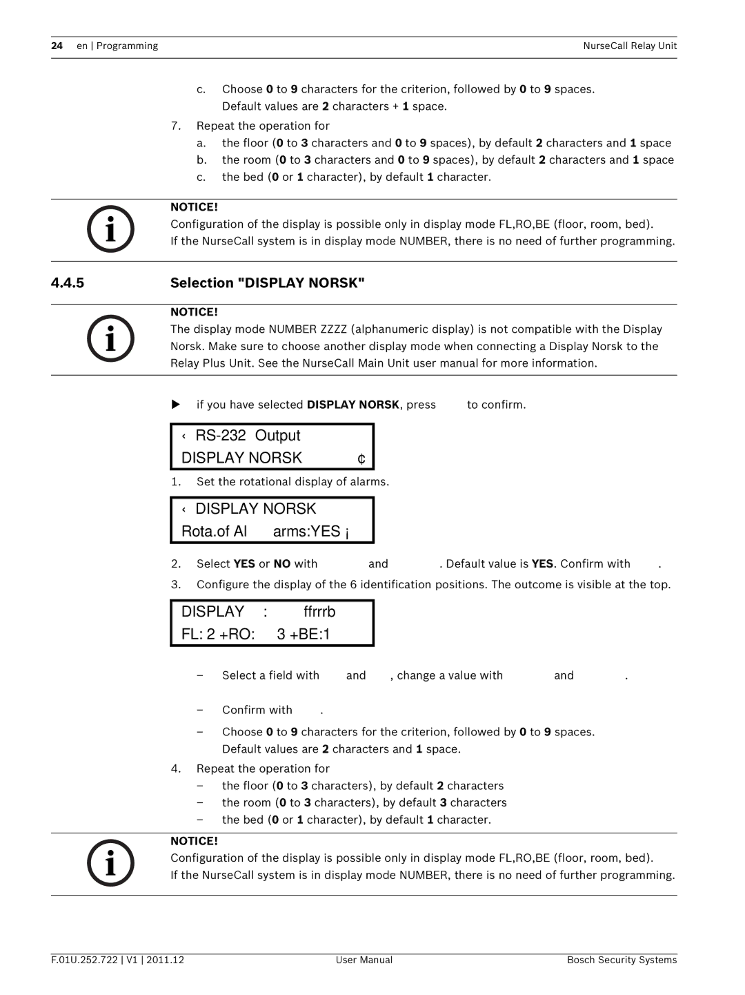 Bosch Appliances F.01U.252.722 user manual ¬ Display Norsk Rota.of AlarmsYES ¡, Display ffrrrb FL 2 +RO 3 +BE1 