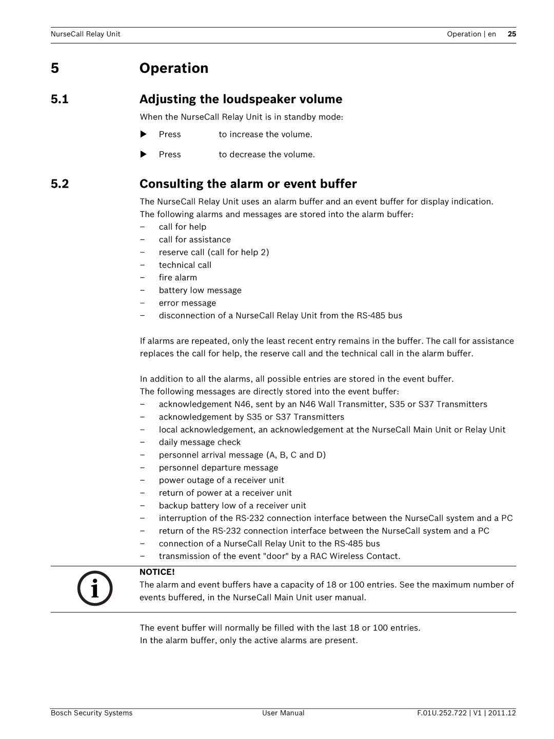 Bosch Appliances F.01U.252.722 5Operation, Adjusting the loudspeaker volume, Consulting the alarm or event buffer 