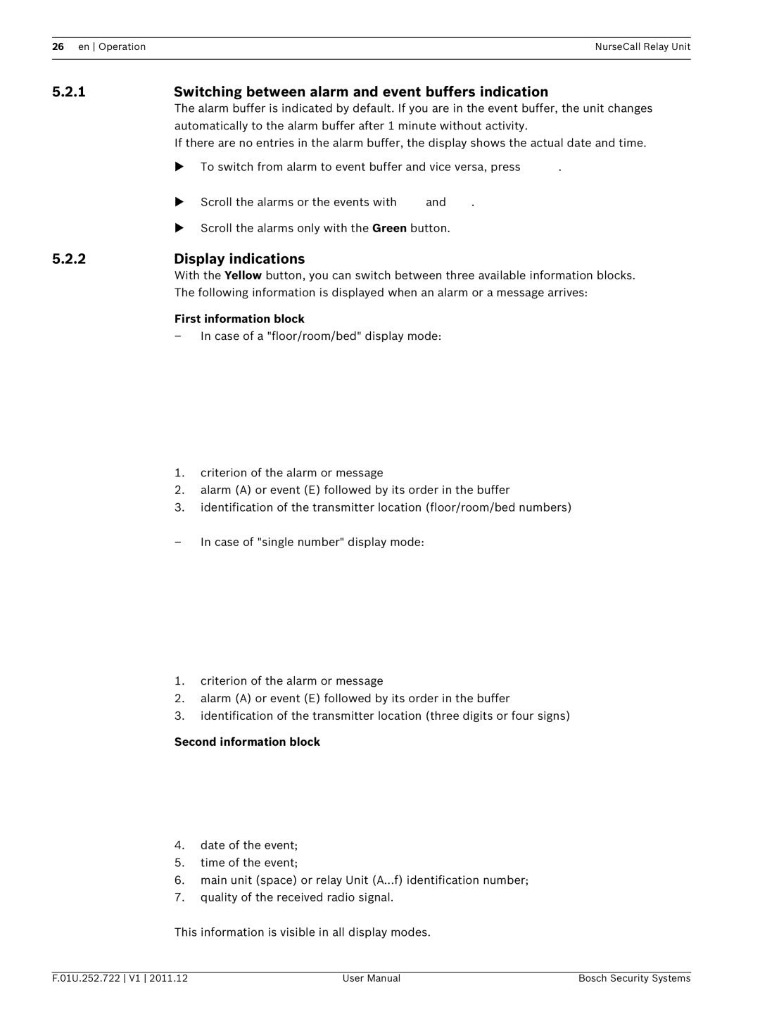 Bosch Appliances F.01U.252.722 user manual Switching between alarm and event buffers indication, Display indications 