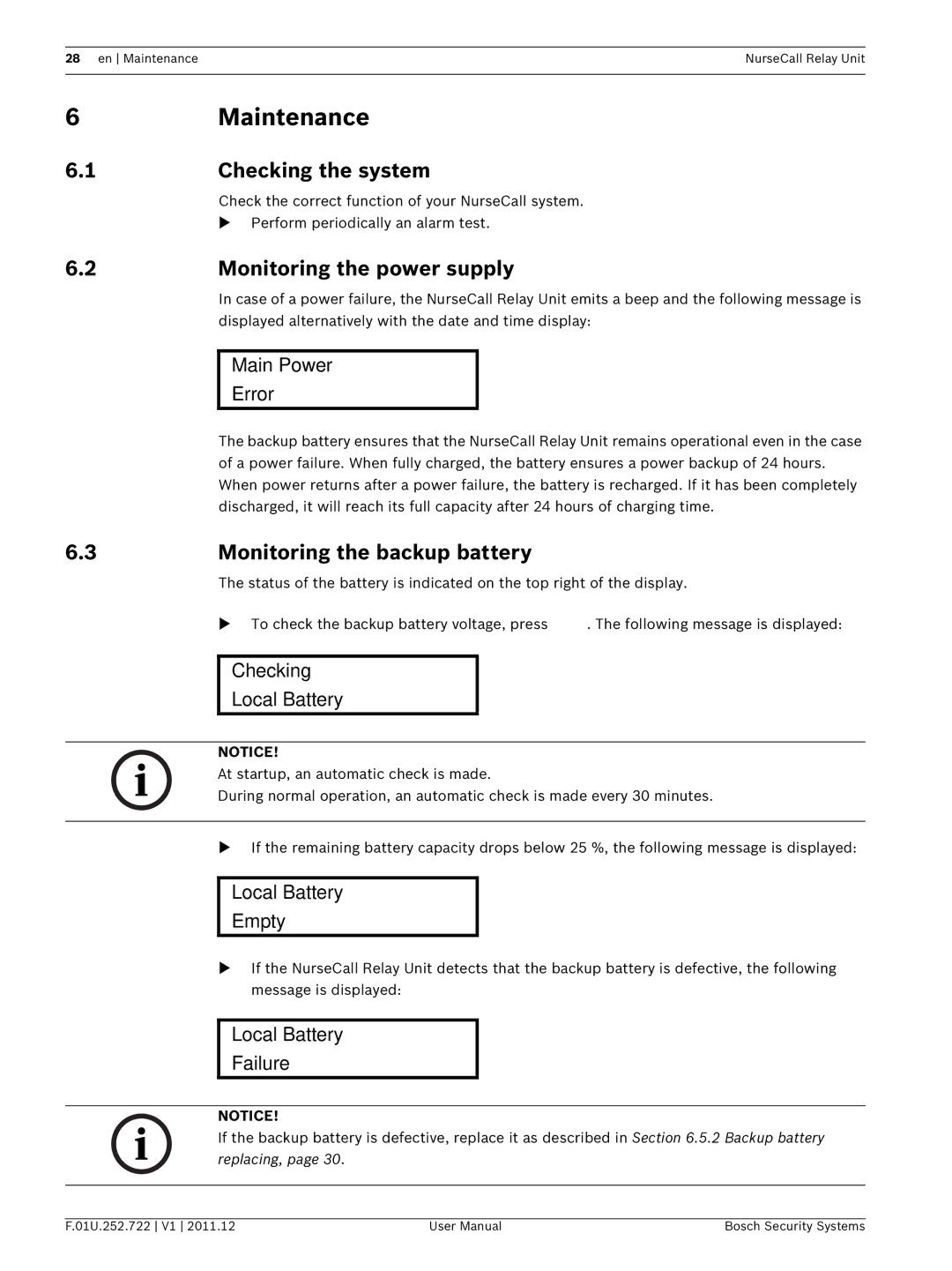 Bosch Appliances F.01U.252.722 user manual 6Maintenance, Checking the system, Monitoring the power supply 