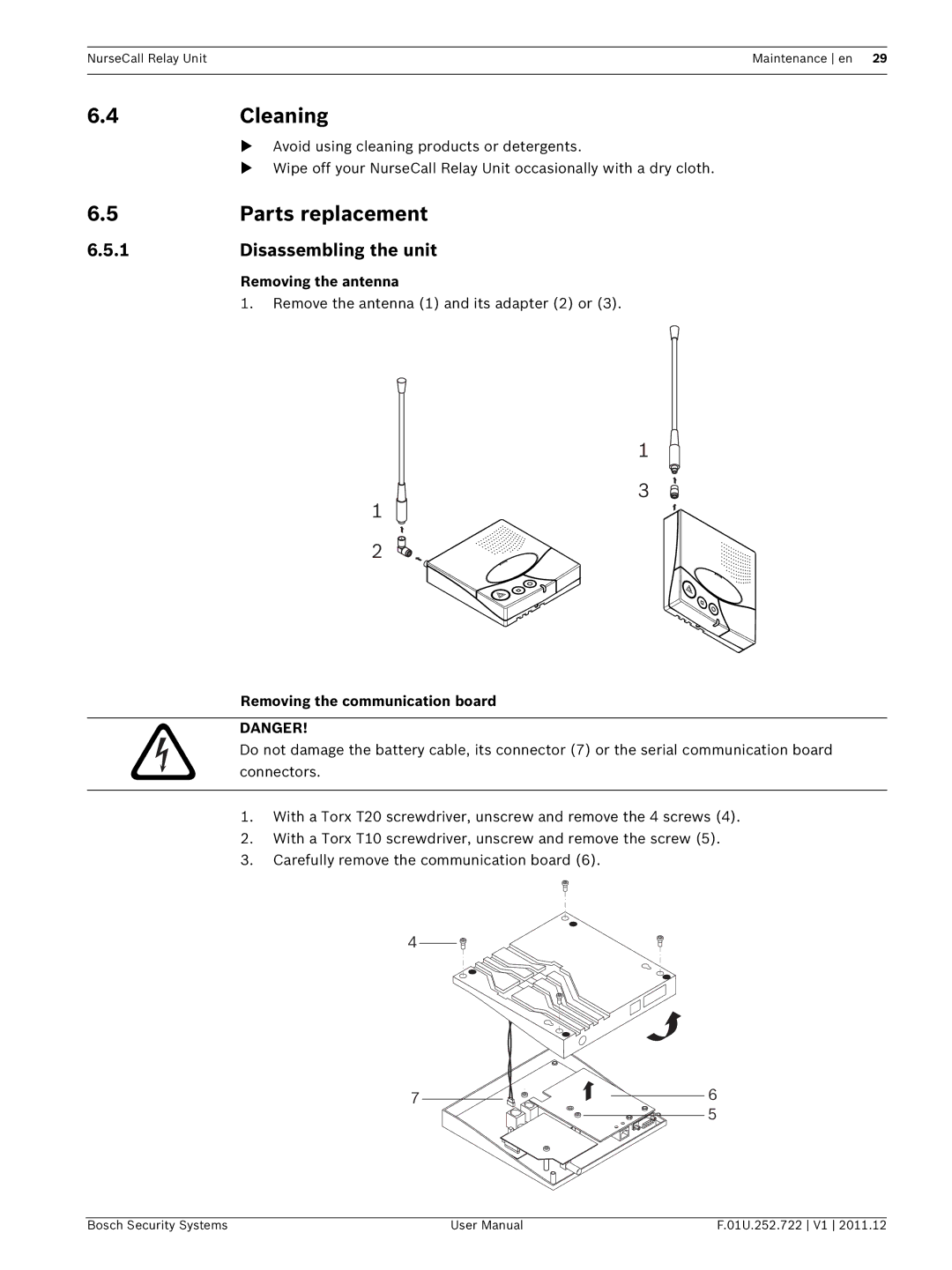 Bosch Appliances F.01U.252.722 user manual Cleaning, Parts replacement, Disassembling the unit 