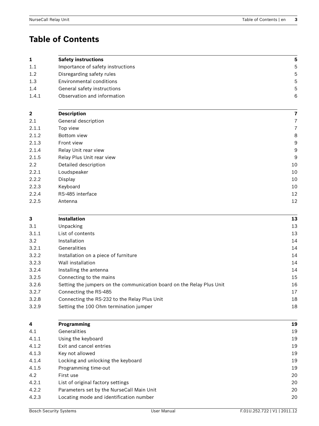 Bosch Appliances F.01U.252.722 user manual Table of Contents 