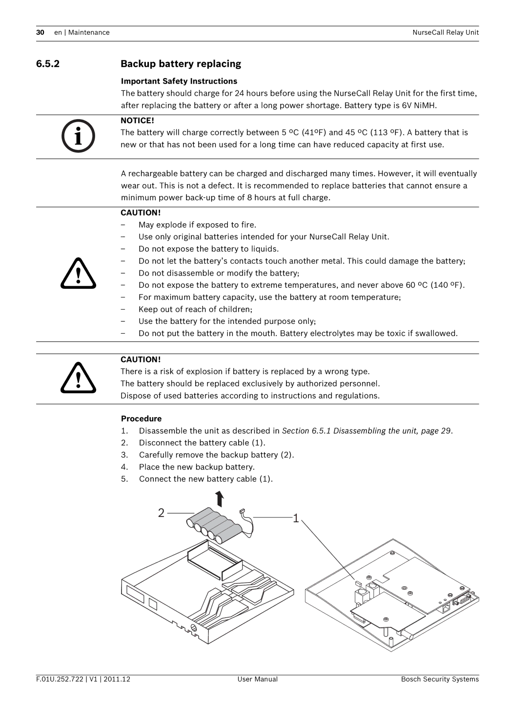 Bosch Appliances F.01U.252.722 user manual Backup battery replacing, Important Safety Instructions, Procedure 