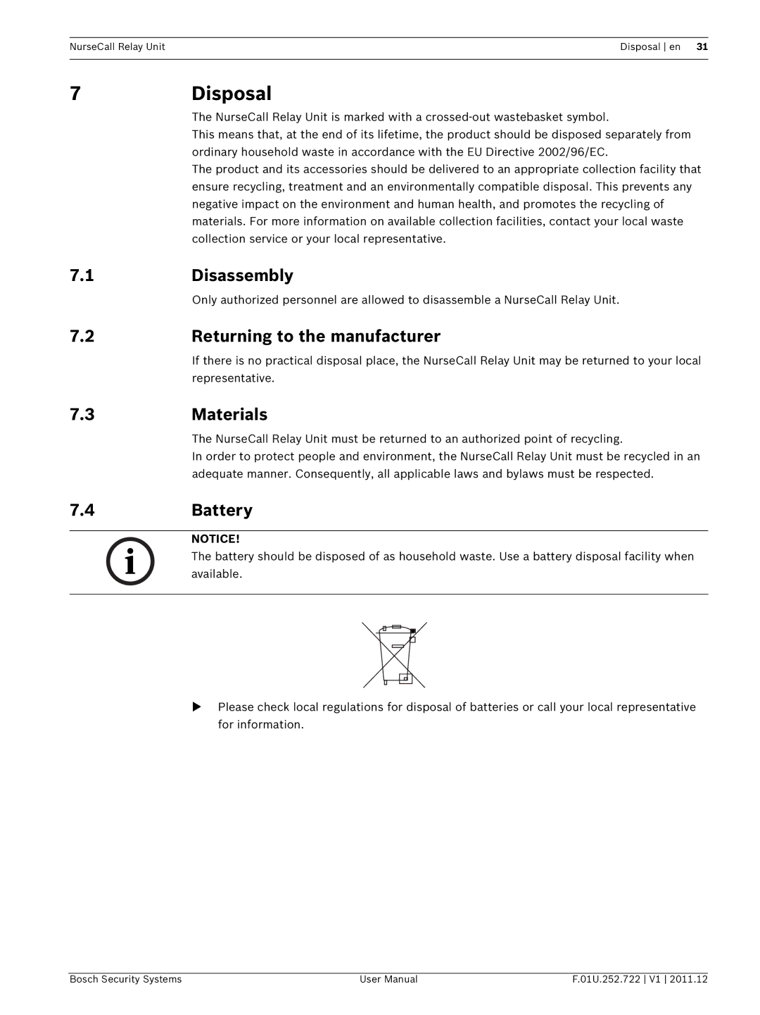 Bosch Appliances F.01U.252.722 user manual Disposal, Disassembly, Returning to the manufacturer, Materials, Battery 