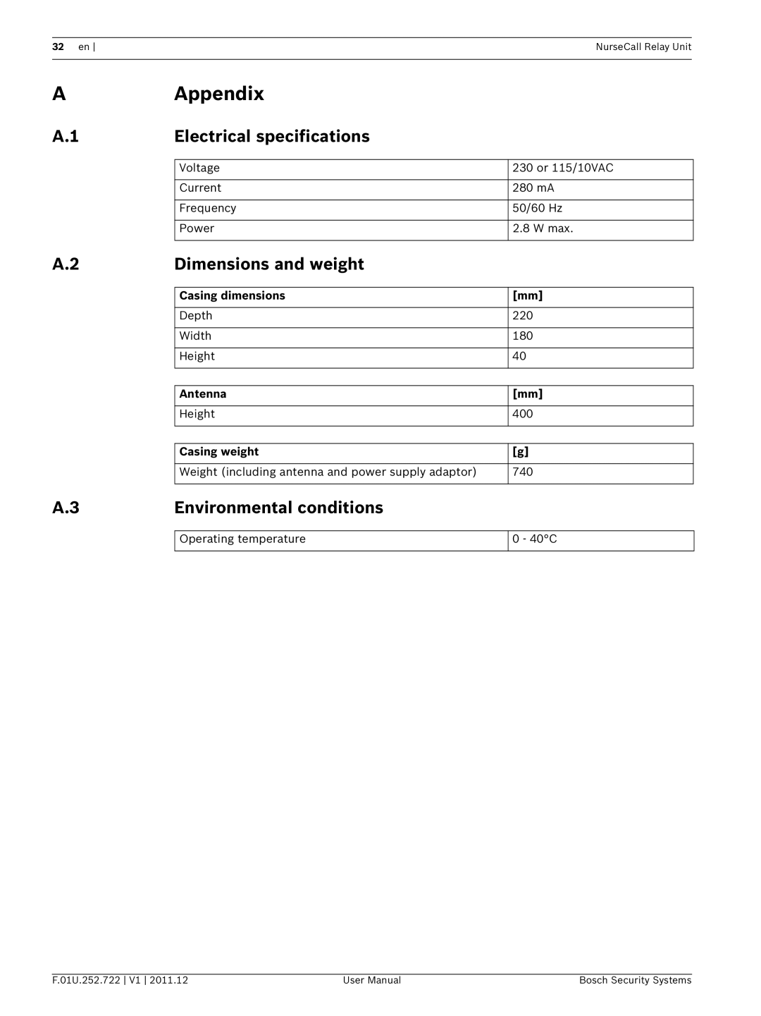 Bosch Appliances F.01U.252.722 user manual AAppendix, Electrical specifications, Dimensions and weight 