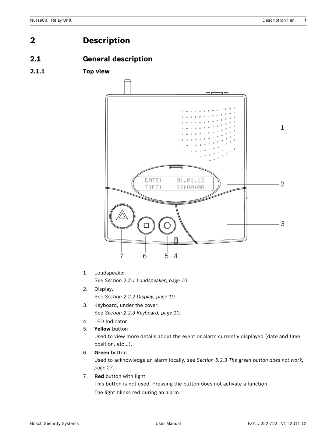 Bosch Appliances F.01U.252.722 user manual Description, General description, Top view, Yellow button, Green button 