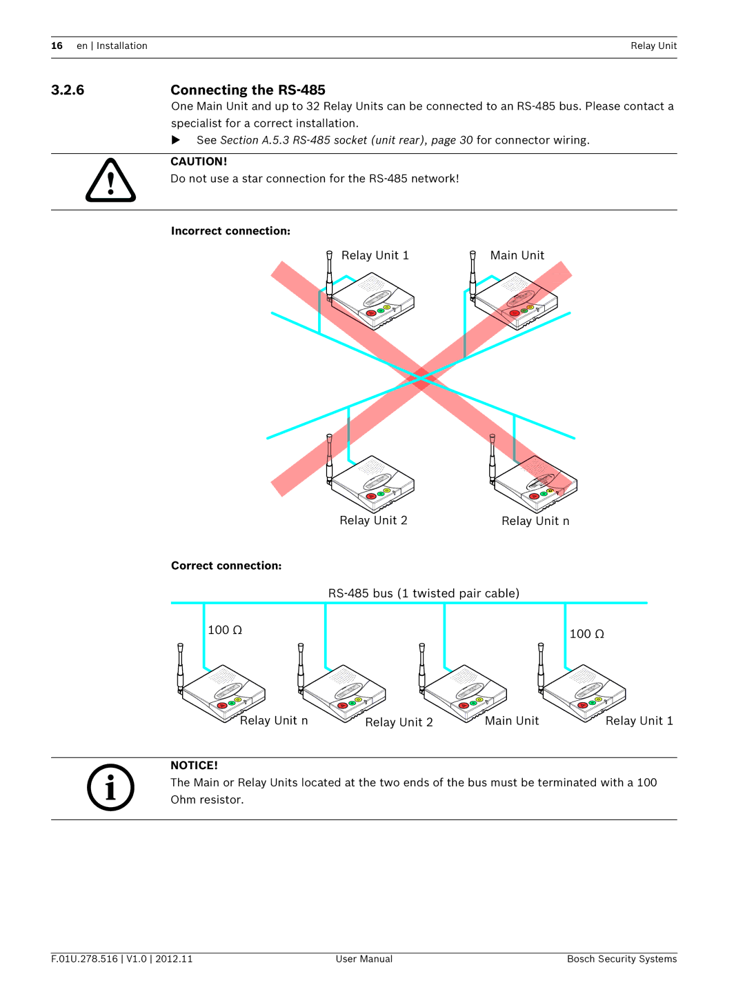 Bosch Appliances F.01U.278.516 user manual 6Connecting the RS-485, Incorrect connection, Correct connection 