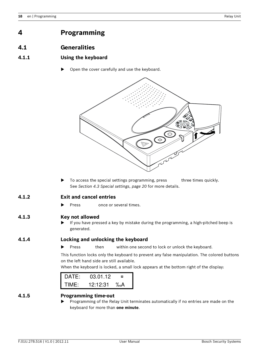 Bosch Appliances F.01U.278.516 user manual Programming, Generalities, 03.01.12, 121231 