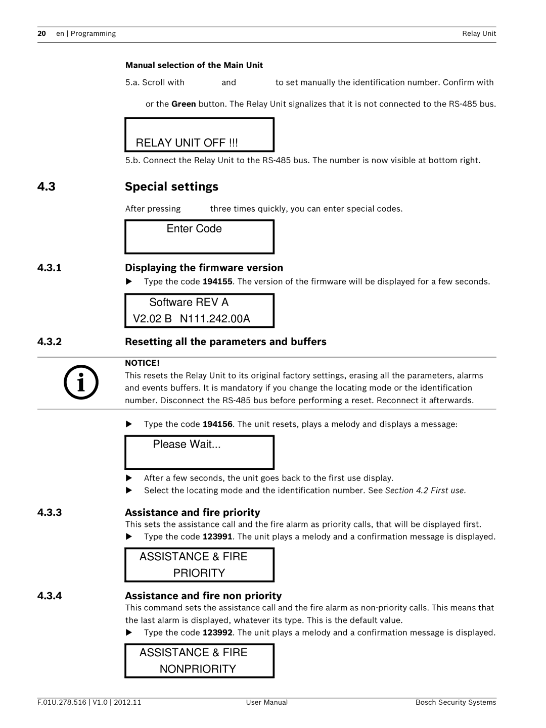 Bosch Appliances F.01U.278.516 user manual Special settings, Enter Code, Software REV a V2.02 BN111.242.00A, Please Wait 