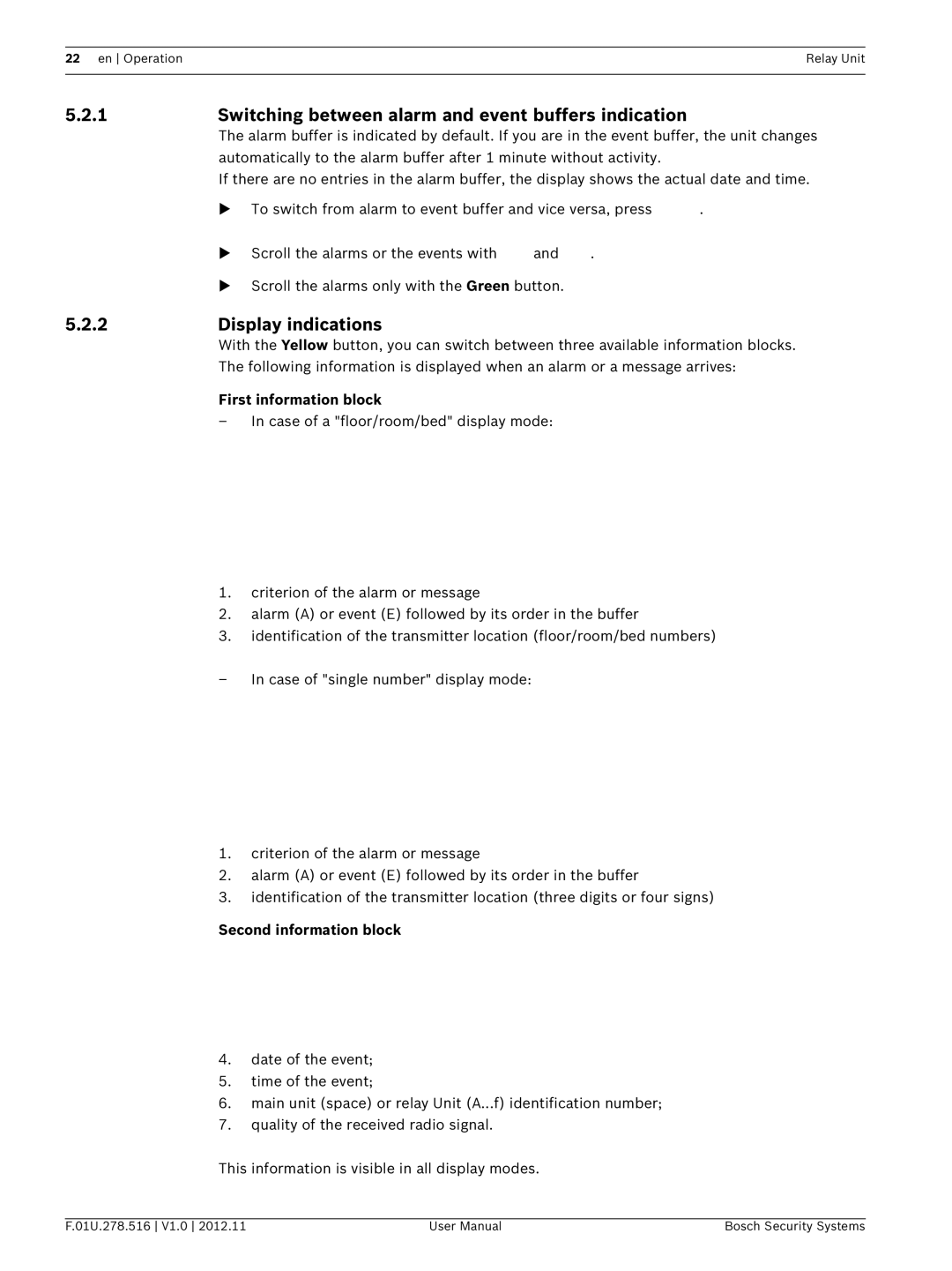 Bosch Appliances F.01U.278.516 user manual Switching between alarm and event buffers indication, Display indications 