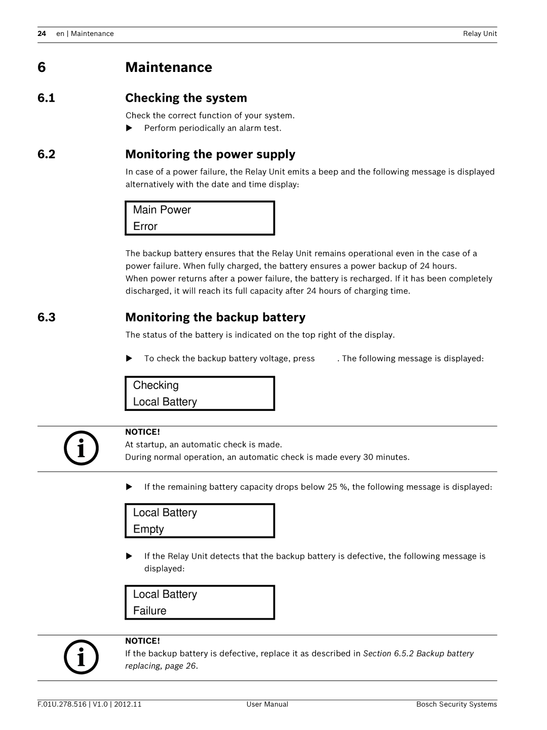 Bosch Appliances F.01U.278.516 user manual Maintenance, Checking the system, Monitoring the power supply 