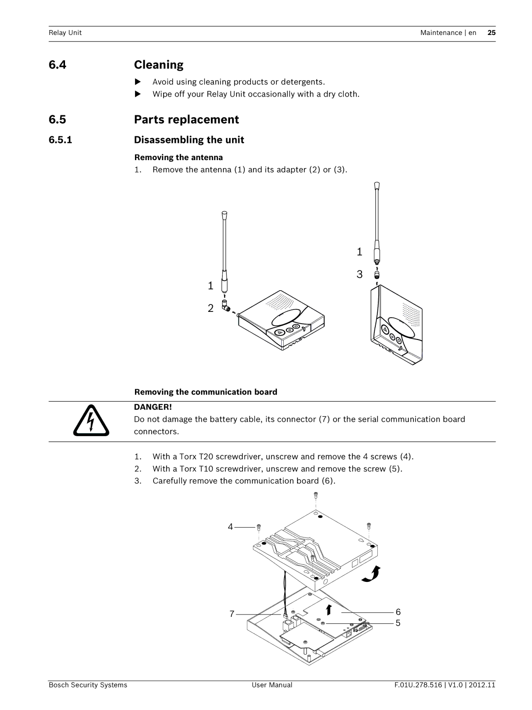 Bosch Appliances F.01U.278.516 user manual Cleaning, Parts replacement, Disassembling the unit 