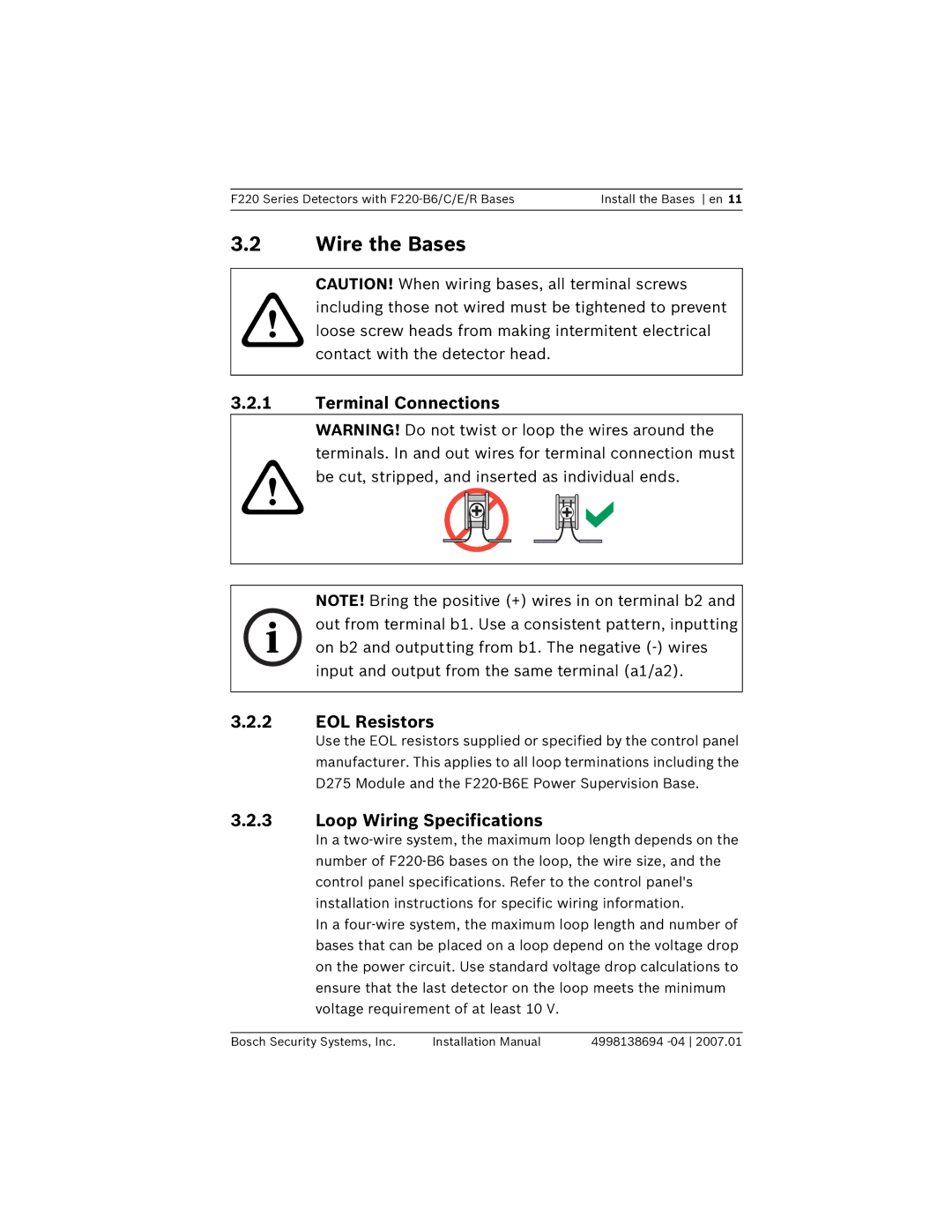 Bosch Appliances F220-B6 Wire the Bases, Terminal Connections, EOL Resistors, Loop Wiring Specifications 