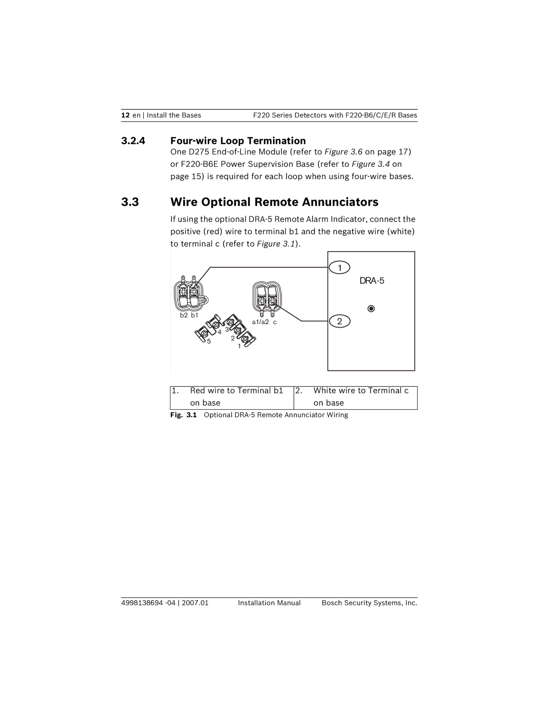 Bosch Appliances F220-B6 installation manual Wire Optional Remote Annunciators, Four-wire Loop Termination 