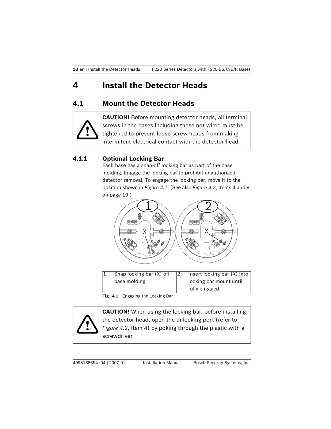 Bosch Appliances F220-B6 installation manual Install the Detector Heads, Mount the Detector Heads, Optional Locking Bar 