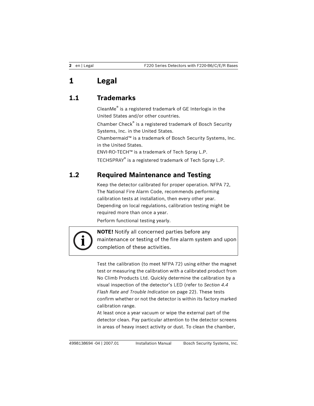 Bosch Appliances F220-B6 installation manual Legal, Trademarks, Required Maintenance and Testing 