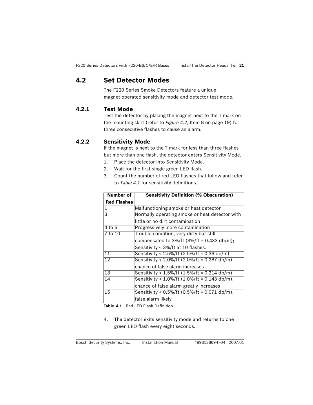 Bosch Appliances F220-B6 installation manual Set Detector Modes, Test Mode, Sensitivity Mode 