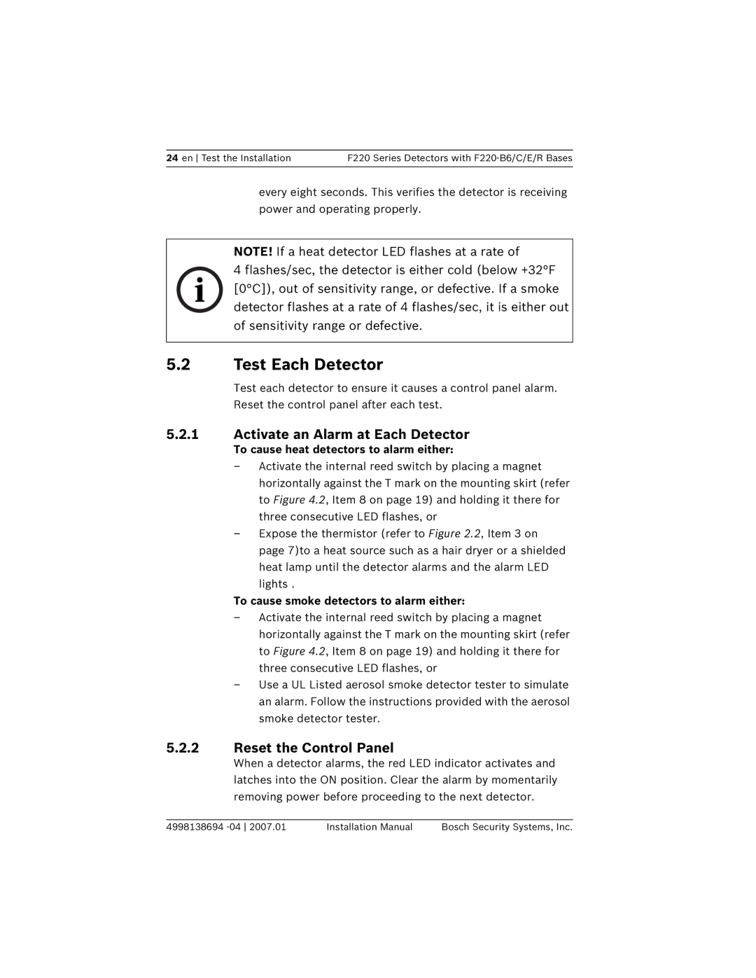 Bosch Appliances F220-B6 Test Each Detector, Activate an Alarm at Each Detector, Reset the Control Panel 