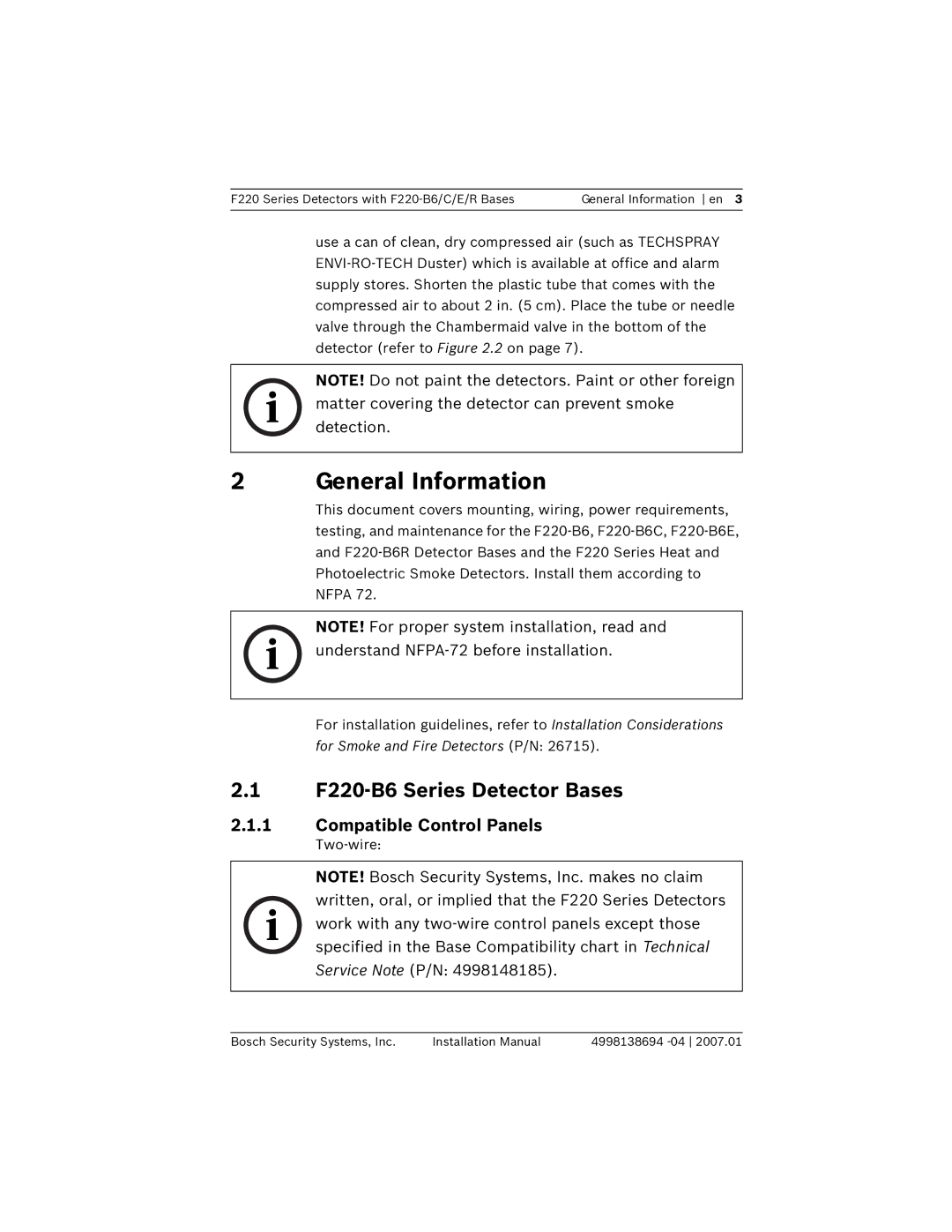 Bosch Appliances installation manual General Information, F220-B6 Series Detector Bases, Compatible Control Panels 