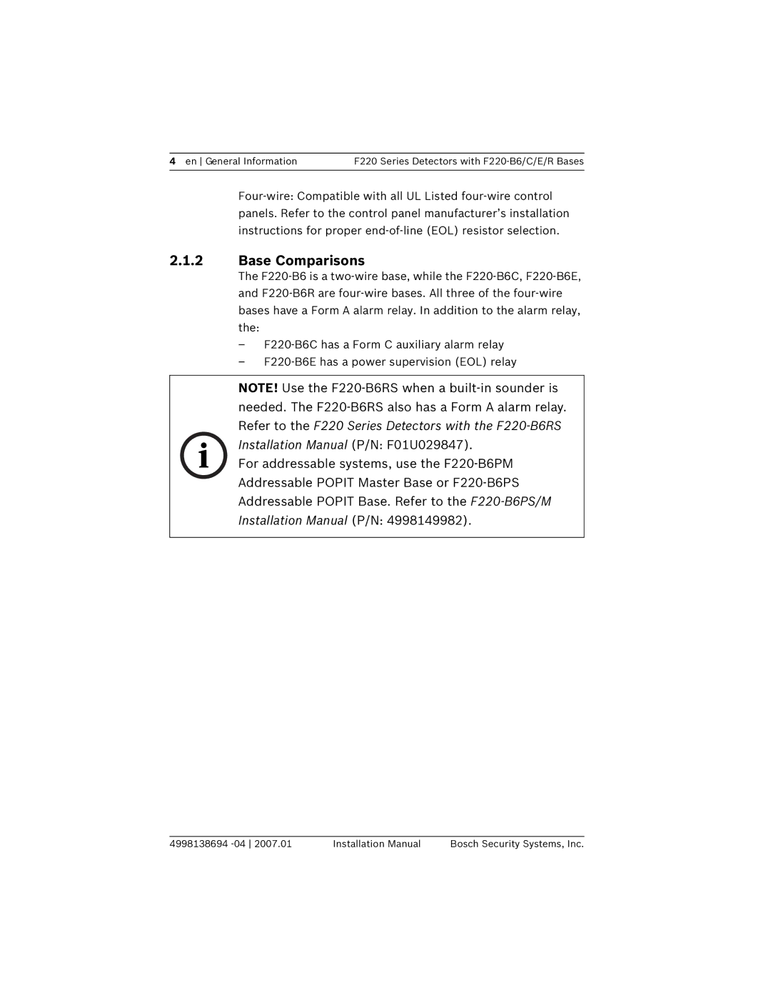 Bosch Appliances F220-B6 installation manual Base Comparisons 