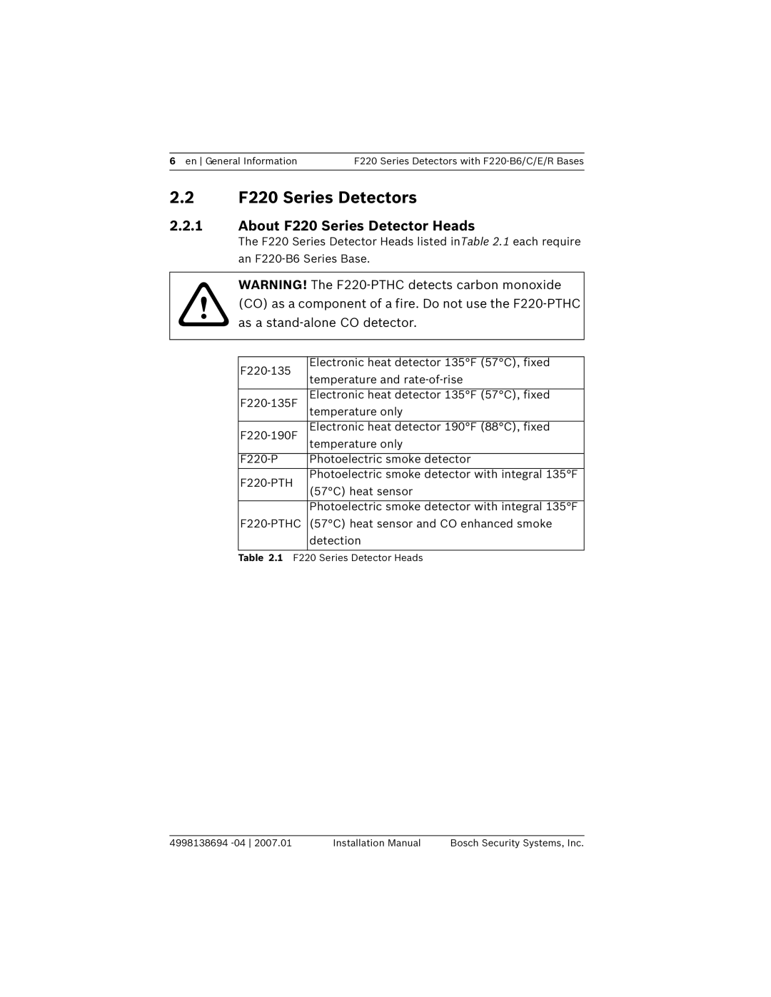 Bosch Appliances F220-B6 installation manual F220 Series Detectors, About F220 Series Detector Heads 