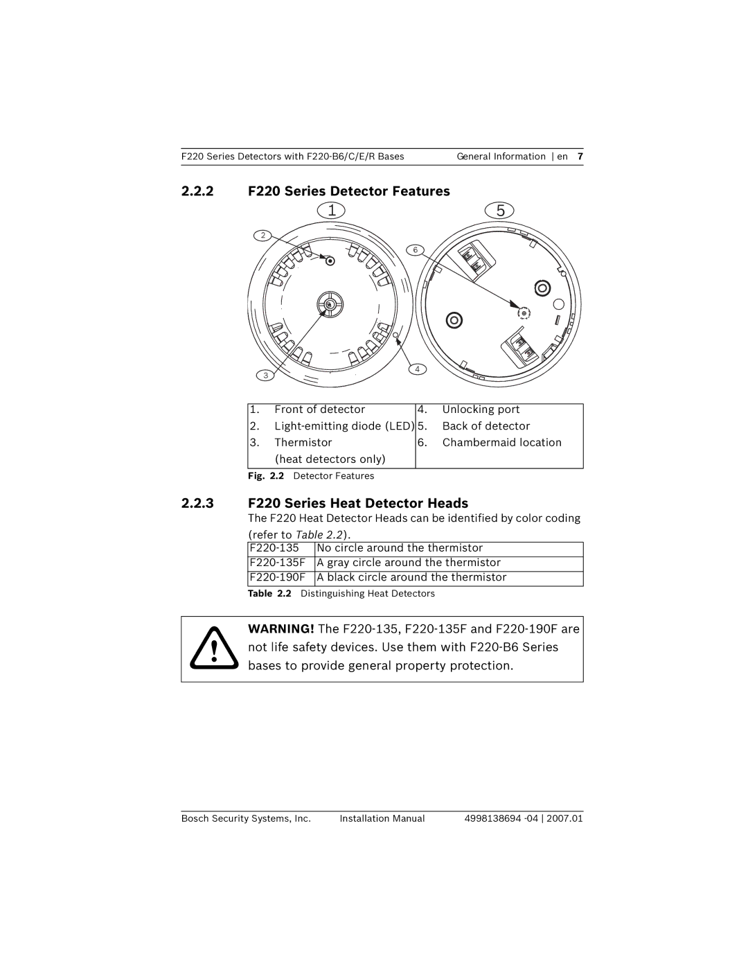 Bosch Appliances F220-B6 installation manual 2 F220 Series Detector Features, 3 F220 Series Heat Detector Heads 