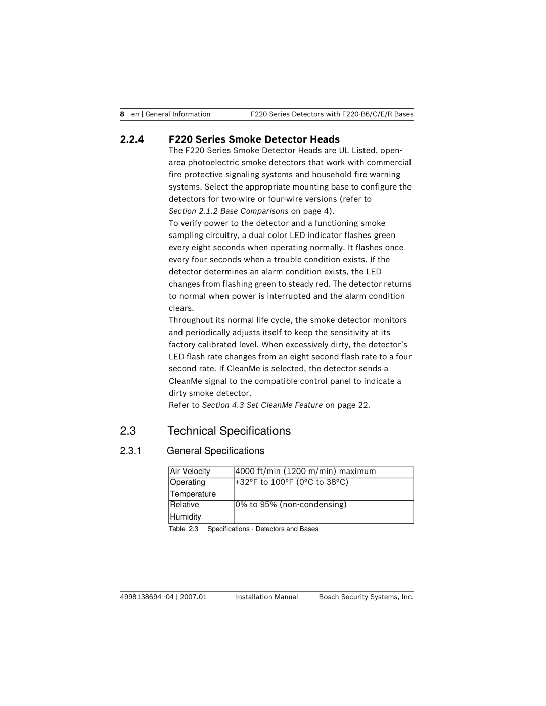 Bosch Appliances F220-B6 Technical Specifications, 4 F220 Series Smoke Detector Heads, General Specifications 