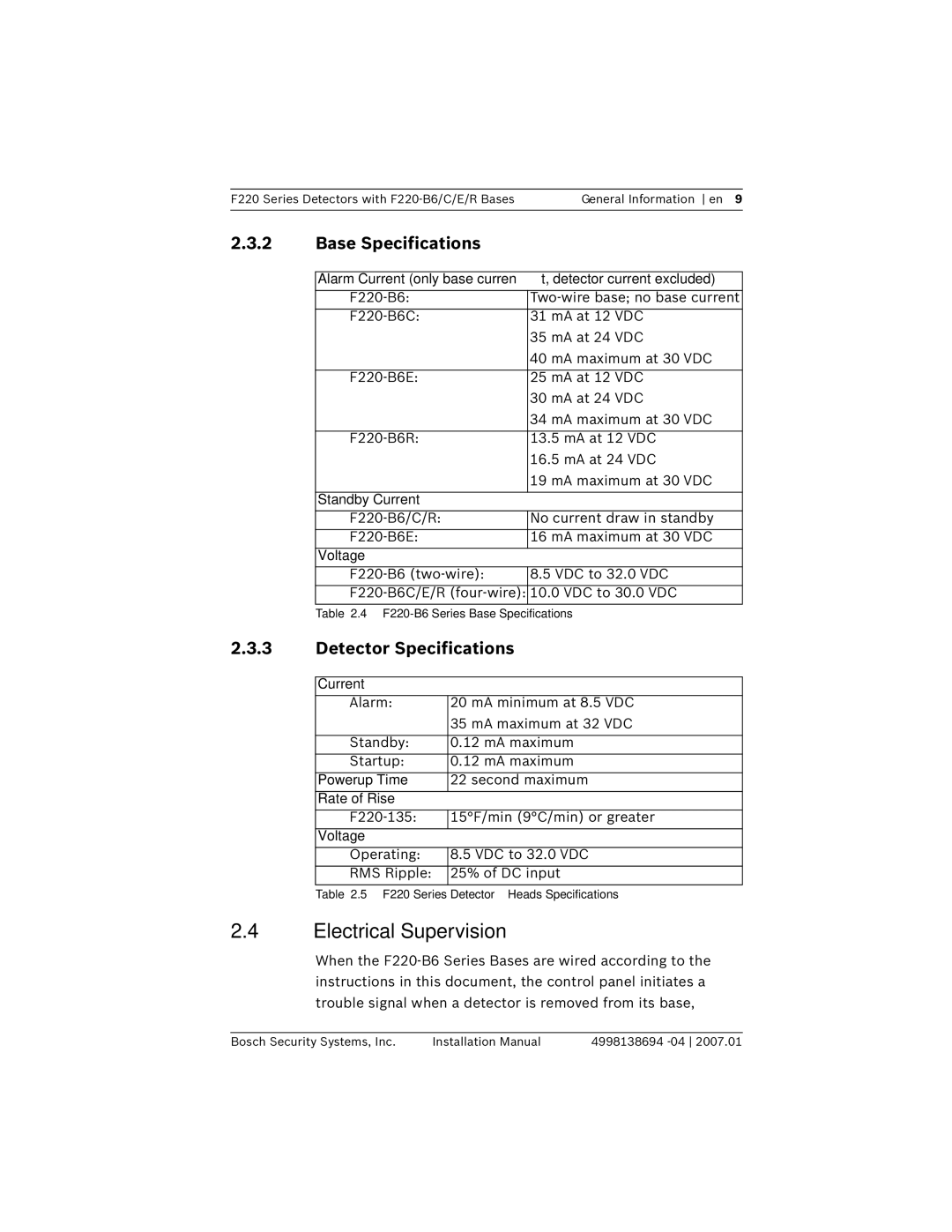 Bosch Appliances F220-B6 installation manual Electrical Supervision, Base Specifications, Detector Specifications 