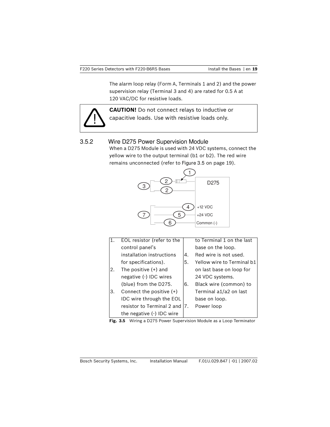 Bosch Appliances F220-B6RS installation manual Wire D275 Power Supervision Module 