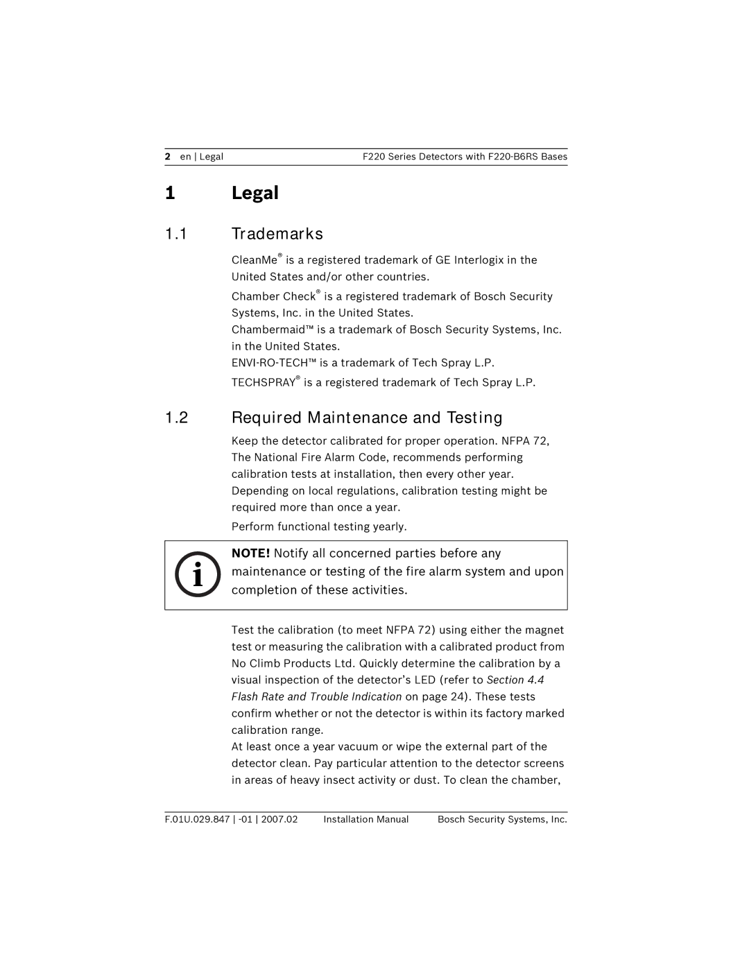 Bosch Appliances F220-B6RS installation manual Legal, Trademarks, Required Maintenance and Testing 