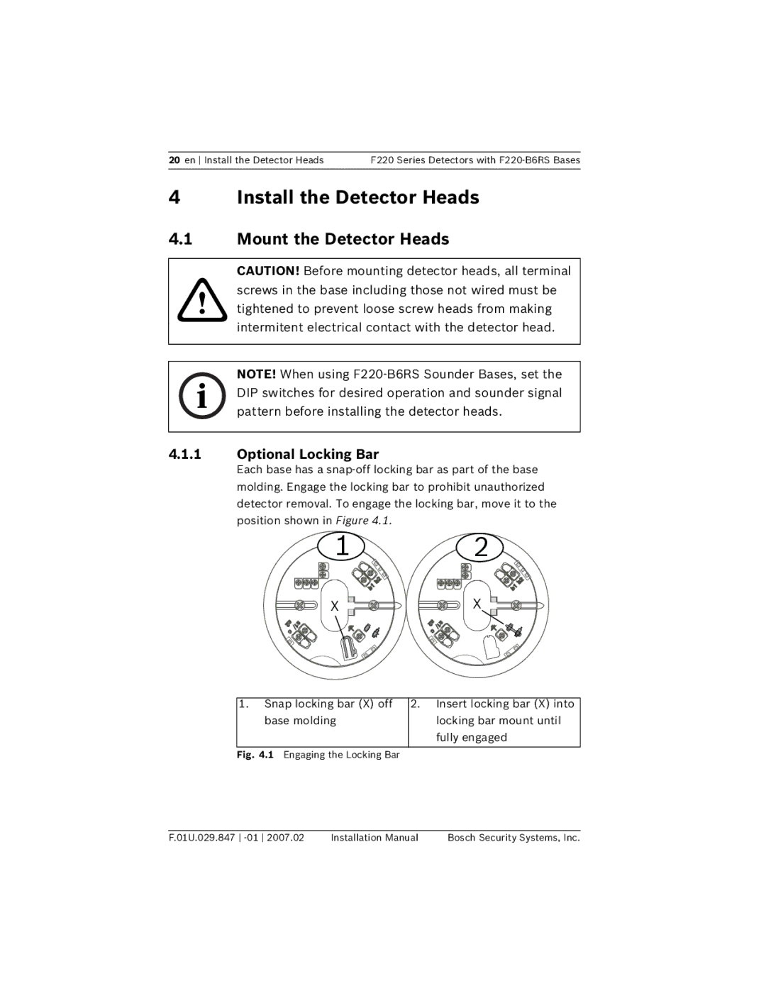 Bosch Appliances F220-B6RS installation manual Install the Detector Heads, Mount the Detector Heads, Optional Locking Bar 